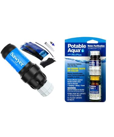 Sawyer Products SP129 Squeeze Water Filtration System w/Two 32-Oz Squeeze Pouches Straw and Hydration Pack Adapter & Potable Aqua Water Purification Tablets with PA Plus - Two 50 Count Bottles