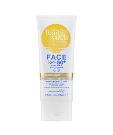 Bondi Sands SPF 50+ Fragrance Free - Matte Tinted Face Lotion 75mL | UVA & UVB Protection | Suitable for Sensitive Skin | Vegan + Cruelty Free | 75ML/2.53 FL OZ