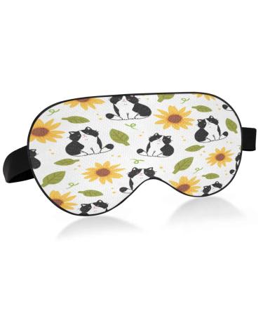 WELLDAY Sleep Mask Cat and Sunflowers Night Eye Shade Cover Soft Comfort Blindfold Blockout Light Adjustable Strap for Men Women
