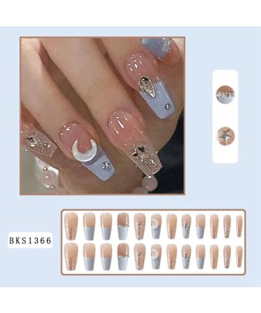 yilin 1Set Star Moon Color Blocking Wearable Nail Sea Salt Macaron Color Clear Diamond Model - Buy Online on SooperMarket.com