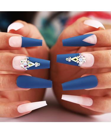 Matte Crystal Blue Extra Long Coffin Press on Nails - 24pcs 3D Bling Ballerina False Nails for Women and Girls - Buy Online on SooperMarket.com