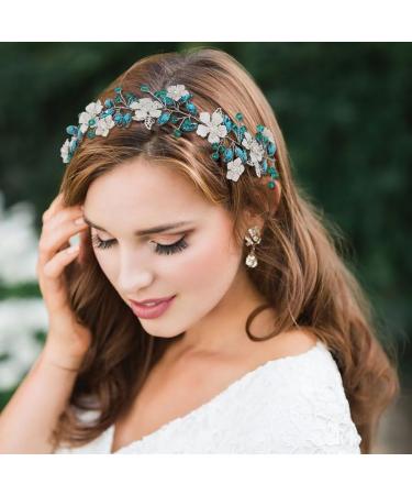 IYOU Flower Wedding Hair Vines Blue Crystal Bride Headband Leaf Guest Bridesmaid Hair Accessories for Women - Buy Online on SooperMarket.com