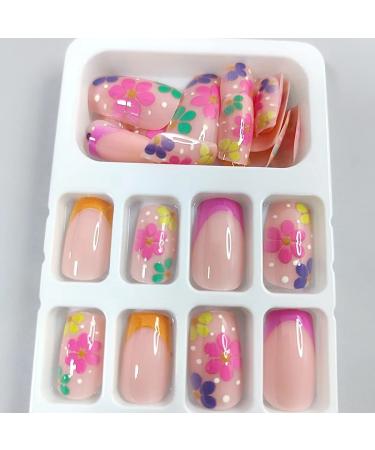 24 Pcs Medium Square French Fake Nails | Acrylic Colorful Flower Designs | Glossy Full Cover False Nails | Manicure Decorations for Women and Girls - Buy Online on SooperMarket.com