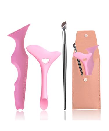 3Pcs Eyeliner Stencil Reusable Silicone Eyeliner & Scythe Eyeliner Brush Auxiliary Mascara Shield Multipurpose Eye Makeup Tool Eyeshadow Applicator for Winged Eyeliner Eyelashes Lip Liner (Pink)