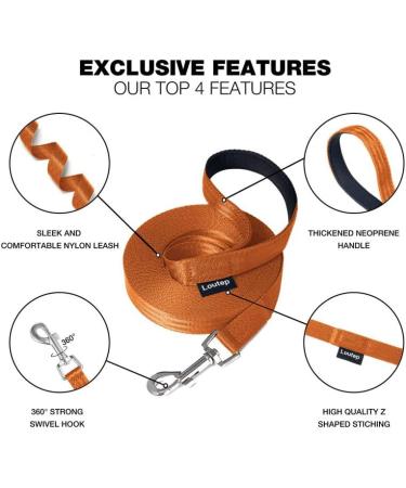 Loutep 5m Dog Training Leash - Durable Nylon Long Leash with Padded Handle & Heavy Duty Swivel Hook - Orange - Buy Online on SooperMarket.com