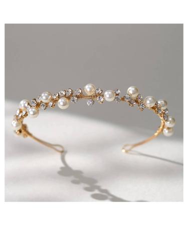 SWEETV Gold Wedding Headband Pearl Tiara for Women Crystal Bridal Headpieces for Wedding Hair Accessories Bride Hairband