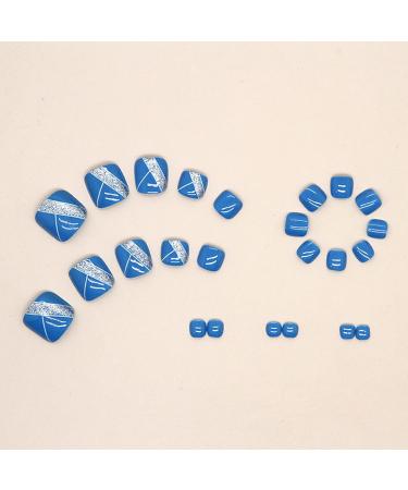 Silver Glitter Short False Toe Nails with Line Design - Cute Square Acrylic Press-on Toenails for Women - Buy Online on SooperMarket.com