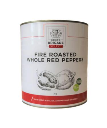 Chef's Brigade Fire Roasted Red Peppers 3kg. Ideal for adding to sauce's and dishes for delicious flavouring.Red Peppers in Brine.