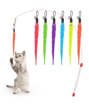 Molain Cat Wand Toy Set -Cat Teaser+ 6Pcs Furry Tail Worms with Bells Interactive Cat Chaser Toys
