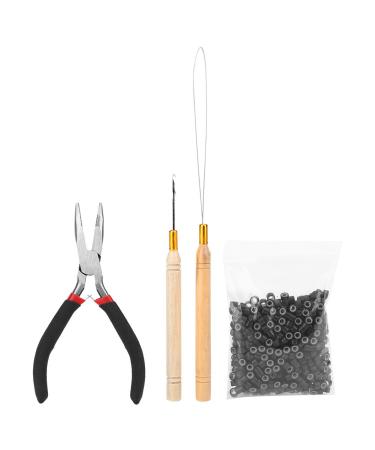 Hair Extension Kit with Pliers Braiding Kit Crochet Hook Silicone Micro Rings Ideal for Hair Extensions and Feathers (Black)