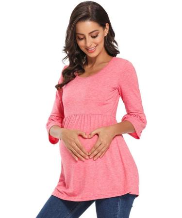 Love2Mi Maternity Blouse S Pink | A Line Pregnancy Shirt 3/4 Bell-Sleeve Striped Maternity Clothes - Buy Online on SooperMarket.com
