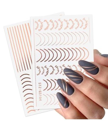 3D Rose Gold Metal Nail Stickers - Self-Adhesive Nail Art Decals for DIY Manicure | 8 Sheets of Stripe Lines & French Tips - Buy Online on SooperMarket.com