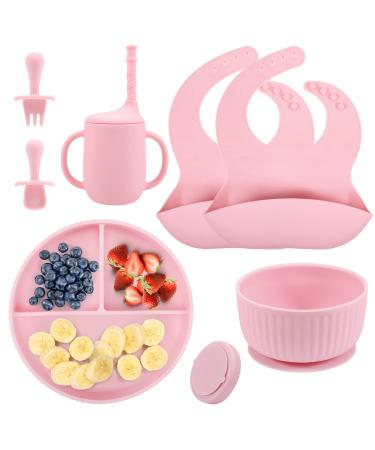 Baby Feeding Set Baby Led Weaning Supplies Silicone Bib Suction Divided c Bowl Spoon Fork Toddler Utensils - 6 Moths Pink