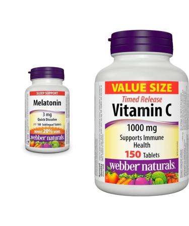 Webber Naturals Melatonin 3 mg 180 Quick Dissolve Tablets For Sleep Support Vegetarian & Vitamin C Timed Release 1000 mg 150 Tablets For Bones Teeth Immune and Antioxidant Health