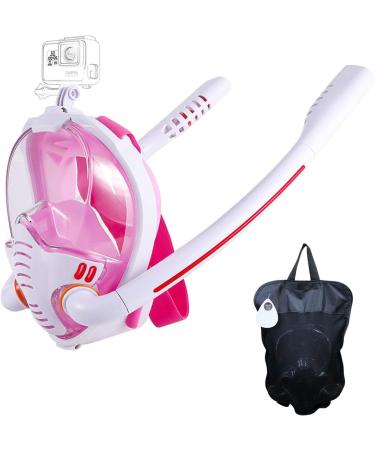 HJKB Full Face Snorkel Mask with Anti-Fog Wipes 180 Degree Panoramic HD Adults and Kids - White & Pink - Large-X-Large
