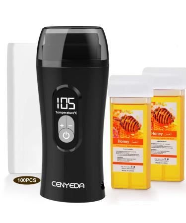 2022 Upgraded Roll On Wax Kit, Honey Roller Waxing Kit for Sensitive Skin, Depilatory Soft Wax Heater with 2 Cartridge Refill and 100 pcs Wax Strips Balck
