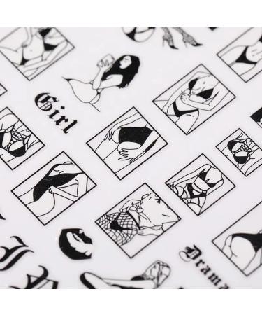 Bad Girls Nail Art Stickers - 3D Self Adhesive Black White Designs for DIY Manicure - Sexy Flower Love Charms for Women and Girls - 8 Sheets - Buy Online on SooperMarket.com