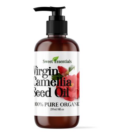 Sweet Essentials Organic Unrefined Camellia Seed Oil | Imported From Japan | 8oz Bottle w/Pump | 100% Pure - Virgin | 100% Organic | For Hair & Skin Use | Japanese Beauty Oil | Camellia Oleifera