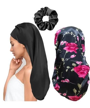 Ladaypoa 2 pieces long satin hats sleeping hat women extra large satin hair hood for sleeping soft and comfortable with a wide elastic band black+red