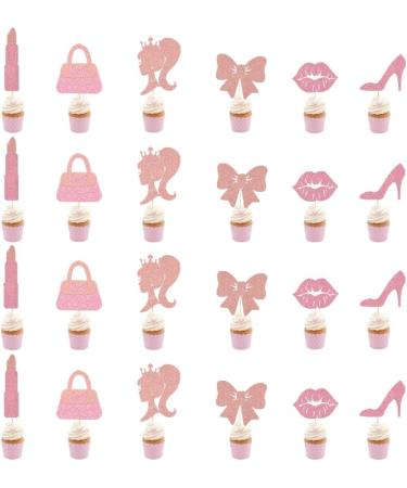 24 PCS Hot Pink Girl Cake Toppers - Glitter Princess Birthday Cupcake Decorations - High Heel Lipstick bowknot Cupcake Picks for Wedding Baby Shower Anniversary Girl Birthday Themed Party Supplies - Buy Online on SooperMarket.com