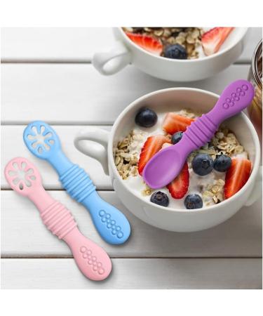 Vicloon Baby Fork and Spoon 4Pcs Set - Silicone Self Feeding Utensil for Infant Toddler - Easy Grip Soft Spoon Toddler Cutlery Kit - First Led Training Weaning - Blue/Pink/Purple/Green - Buy Online on SooperMarket.com