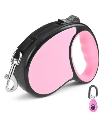 Retractable Dog Lead 5M Long Extendable with Non-Slip Handle & Adjustable Dog Lead One-Hand Brake Pause Lock 360 Universal Anti-winding with Bonus Training Clicker for Small Medium Dogs (Pink)