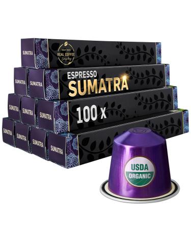 Sumatra Single Origin Organic Coffee | 100 Nespresso Compatible Pods | Dark Roast | Organic Espresso Sumatra 100 Count (Pack of 1)