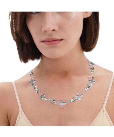 OralGos Choker Necklace Punk Hollow Cross Fashion Metal Pin Chain Clavicle Chain Statement Jewelry Neck Chain