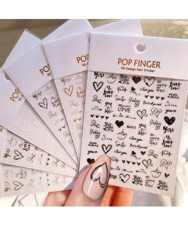 6 Sheets Heart Nail Art Stickers - Letters Nail Decals 3D Self-Adhesive Valentine's Day Nail Art Supplies Heart Love English Alphabet Nail Stickers DIY Gold Nail Designs Manicure Decoration for Women