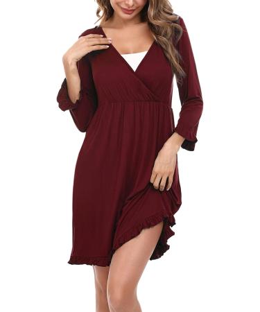 Bresdk Women's Maternity Nightdress | Long Sleeve Breastfeeding Nightgown Loungewear Pyjamas | Pregnant Red Nightwear - Buy Online on SooperMarket.com