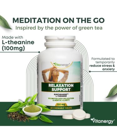 Vitanergy L-Theanine Mental Focus & Calmness - Promote Stress Anxiety Relief Relaxation and Sleep Aid - 100mg Chewable Tablets 60ct Tropical Flavor- Made in Canada - Buy Online on SooperMarket.com