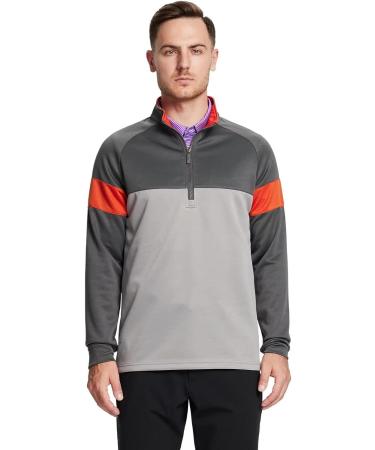 Men's Slim Fit Quarter Zip Golf Pullover - Performance Wicking Raglan Long Sleeve Sweatshirt | Dark Grey/Light Grey/Orange - Large - Buy Online on SooperMarket.com