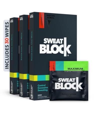 SweatBlock Antiperspirant Wipes - Maximum Clinical Strength - Treat Hyperhidrosis & Excessive Sweating for Men Women & Teens - up to 7 Days Protection Per Wipe - Dermatologist Tested - 30 Wipes 30 Count