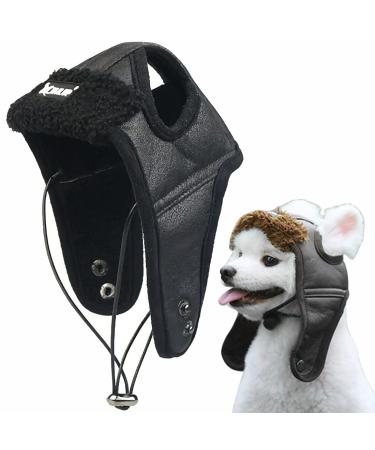 Itoda hat dog dog trapper hat winter dogs with ear holes flying cap pet winter hat adjustable dog cap PU leather dog hat warm wind protection pet hat outdoor fur cap cat black m