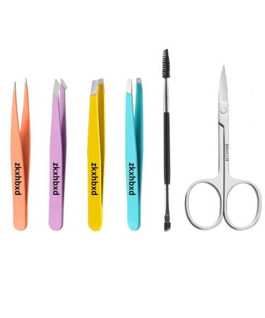 Tweezers Set Stainless Steel Plucking Precision Tweezers Set for Ingrown Hair Remove and Lash Extension Plucking Tweezers with Leather Case for Ladies Gifts (6-Piece)