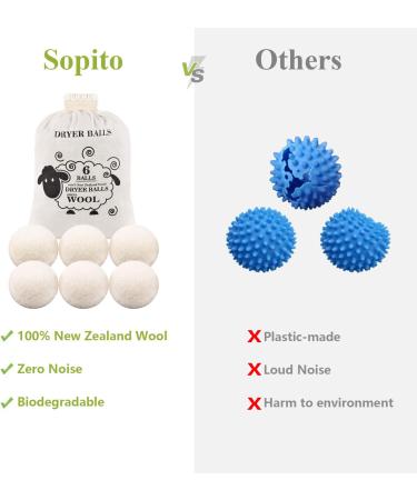Sopito XL Wool Dryer Balls - 6pcs Set | Reduce Drying Time & Wrinkles | Static & Tangle-Free Laundry | Softens Fabric & Fluffs Clothes | Premium Natural Wool - Buy Online on SooperMarket.com