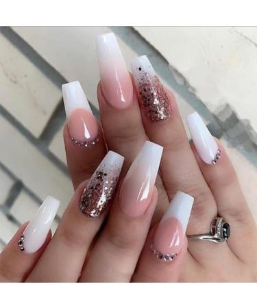 LUVADEYO 24 PCs Pink Coffin Sequins Fake Nails Medium Length-Press On Nails Bling Gradient False Nails Rhinestone Design Nails Full Cover False Nails Sequins Gorgeous Style