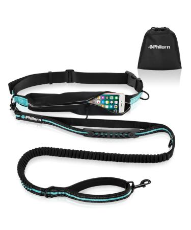Philorn Hands Free Dog Lead with Phone Pouch Dog Leash for Running/Jogging Shock Absorbing Dual Handle Bungee(47"-67" Extendable) Reflective Stitching Adjustable Waist Belt Blue