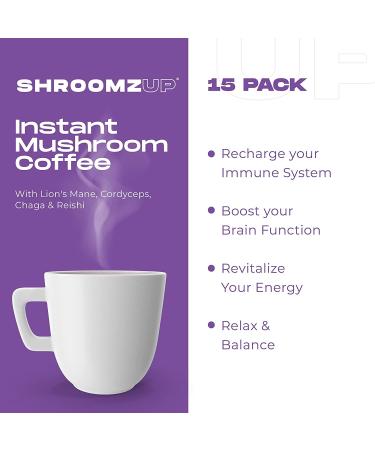 ShroomzUp Mushroom Coffee Instant - 15 Pack with Lions Mane, Reishi, Chaga & Cordyceps Mushrooms - Vegan Nootropic Coffee for Focus - Arabica & Robusta Blend - Buy Online on SooperMarket.com