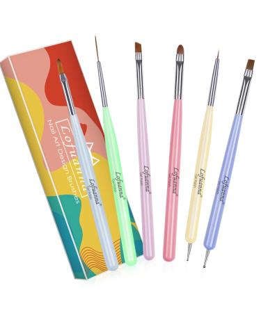 Nail Art Brushes Set Lofuanna 6Pcs Nail Tips Art Design Tools with Poly Extension Gel Brush, Nail Polish Brush, Carved Brush, Art Liner Brush and Dotting Pen, Acrylic Nail Brushes, Painting Drawing Pen Kit for Salon Home D