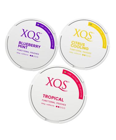 XQS Functional Pouches | 100mg/g Caffeine | Mixed Pack (3-PACK) | Citrus Cooling Tropical and Blueberry Mint - Tobacco Free and Nicotine Free Alternative.