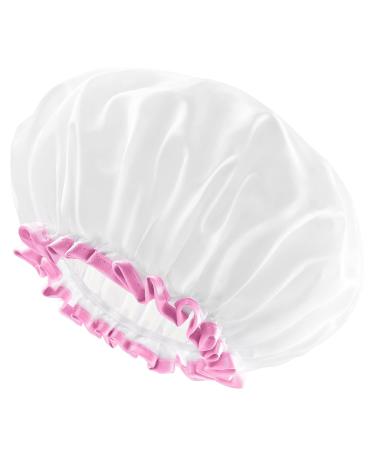 Mikimini White shower hood 2-pack waterproof reusable double-layer bathing hair caps with soft cute light-resistant and stretchy shower hat medium white medium (2-pack) white+pink lace