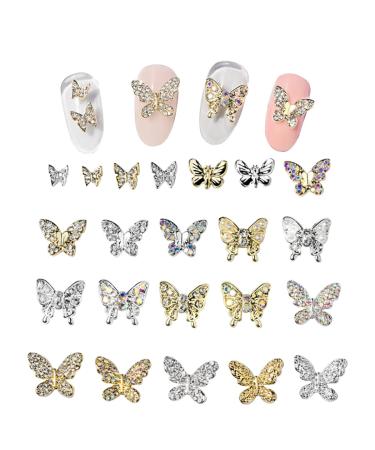 Butterfly Nail Charms 22PCS Mixed 3D Metal Butterfly Nail Rhinestones Charms Shiny Nail Gems Jewels Studs for Nail Art Design Decorations DIY Crafts Gold Silver