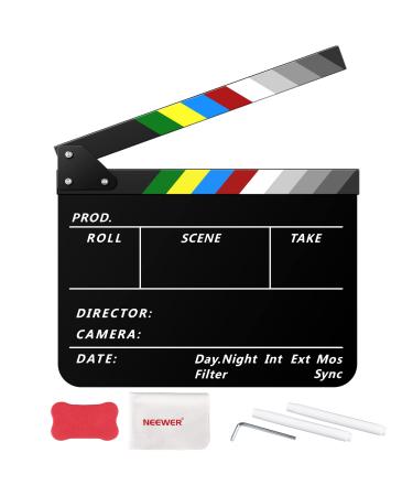 NEEWER Acrylic Film Movie Directors Clapper Board Kit, 12"x10" Plastic Movie Theater Cut Action Scene Clapboard with a Magnetic Eraser, 2 Water Based Pens, a Cleaning Cloth & L Shaped Hex Key Black