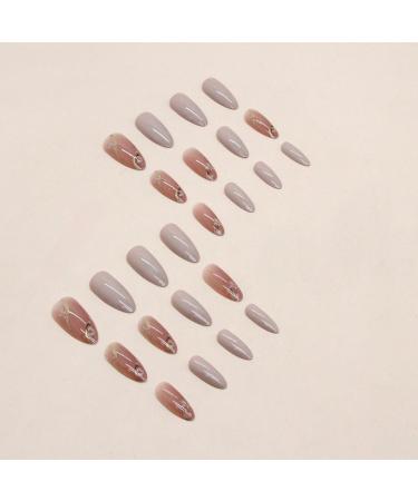 Justotry 24 Pcs Floral Stiletto False Nails - Medium Grey French Press on Nails with Trendy Gold Swirl Pattern | Short Almond Fake Nails for Women with Nail Glue - Nail Art Flower & Grey - Buy Online on SooperMarket.com