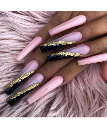 Brishow French artificial nails long nails to stick with gold glitter press on nails pink ballerina acrylic artificial nails wrong nails 24 pieces for women and girls