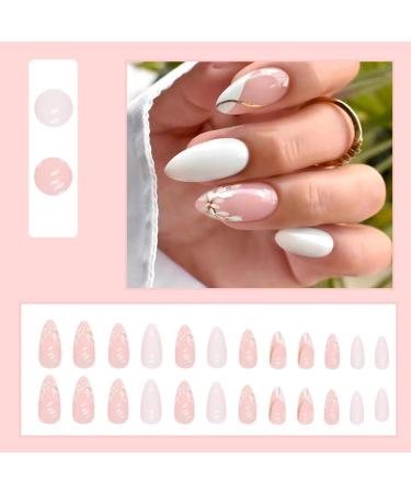 Justotry 24 Pcs White Flower Stiletto False Nails | Milky French Press on Nails | Trendy Swirl Design | Nail Glue & Almond Stick Included | Short & Medium Length | Women's Art Fake Nails - Buy Online on SooperMarket.com