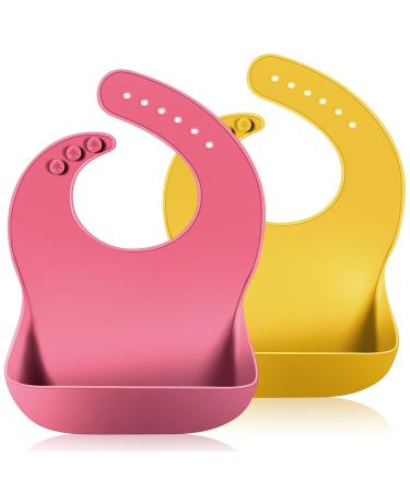 Vicloon Silicone Baby Bib 2PCS Baby Weaning Bibs Waterproof Baby Feeding Bibs Adjustable with Wide Food Catcher Pocket Unisex Toddler Bibs (Pink-Yellow)