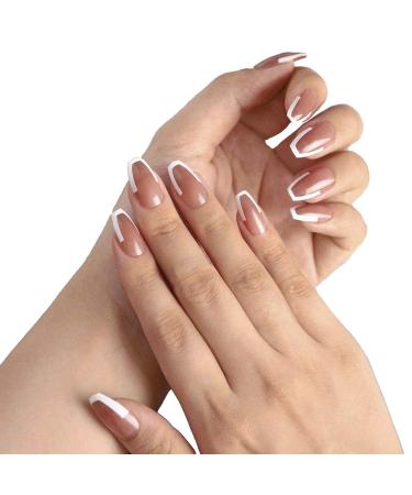 24PCS Shiny Medium Ballerina Press-On Nails - Full Cover French Nail Art for Women & Girls | Stylish White Edge Design - Buy Online on SooperMarket.com