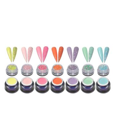 7x5ml Premium Color Gel 7x Glitter Powder Set Spring Pastel Colors Pink Yellow Pink Nail Gel